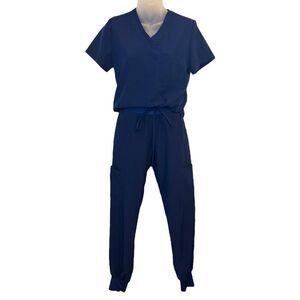 GT Performance XS Navy Blue Scrub Set V Neck Top Jogger Cargo Pants